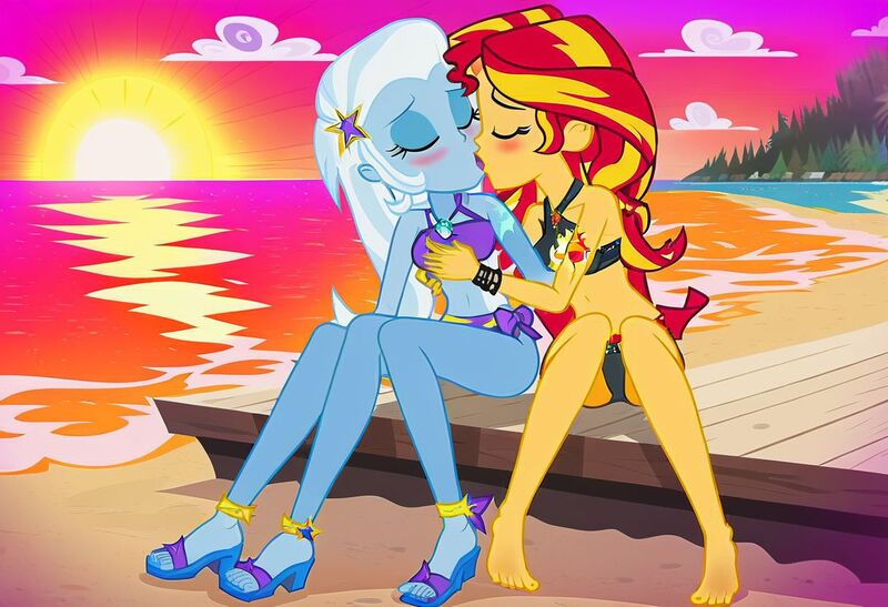 Size: 1216x832 | Tagged: safe, ai content, derpibooru import, machine learning generated, prompter:tiamatnightmare, sunset shimmer, trixie, human, equestria girls, beach, bikini, clothes, female, g4, humanized, image, jpeg, lesbian, shipping, sunset, suntrix, swimsuit, tattoo