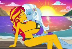 Size: 1216x832 | Tagged: suggestive, ai content, derpibooru import, machine learning generated, prompter:tiamatnightmare, sunset shimmer, trixie, human, equestria girls, beach, bikini, breasts, busty sunset shimmer, busty trixie, clothes, female, g4, humanized, image, jpeg, kissing, lesbian, ship:suntrix, shipping, swimsuit