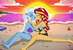 Size: 1216x832 | Tagged: suggestive, ai content, derpibooru import, machine learning generated, prompter:tiamatnightmare, sunset shimmer, trixie, human, equestria girls, beach, bikini, breasts, busty sunset shimmer, busty trixie, clothes, female, g4, humanized, image, jpeg, kissing, lesbian, shipping, suntrix, swimsuit, tattoo