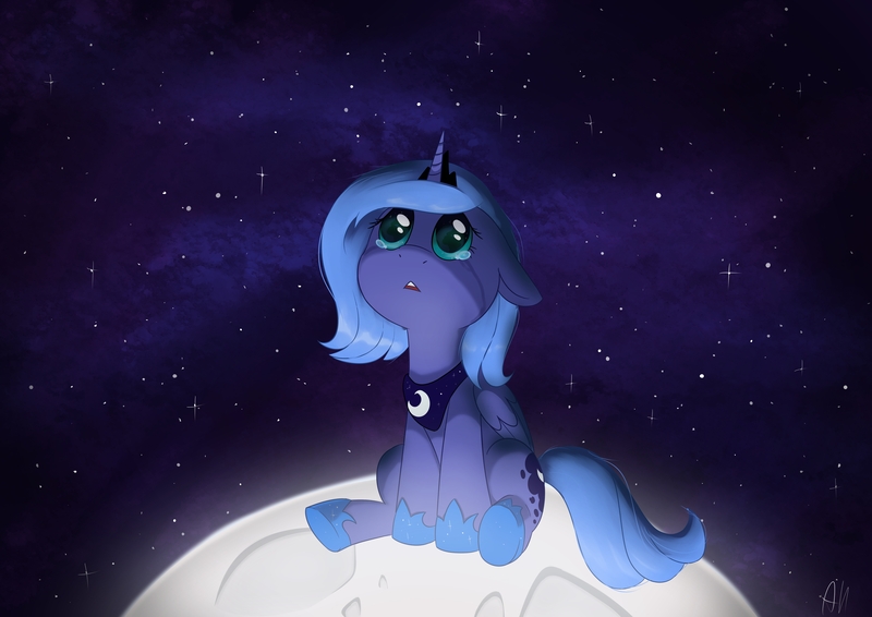 Size: 7015x4960 | Tagged: safe, artist:azilluwu, derpibooru import, princess luna, alicorn, pony, absurd resolution, adorable distress, crying, cute, female, filly, filly luna, floppy ears, foal, g4, image, jpeg, looking up, moon, sitting, solo, tangible heavenly object, woona, younger