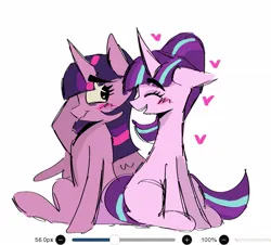 Size: 1313x1188 | Tagged: safe, artist:billtism, derpibooru import, starlight glimmer, twilight sparkle, twilight sparkle (alicorn), alicorn, pony, unicorn, blushing, duo, eyebrows, eyebrows visible through hair, female, g4, heart, heart eyes, horn, image, jpeg, lesbian, mare, ponytail, ship:twistarlight, shipping, simple background, sitting, white background, wingding eyes