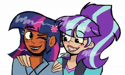 Size: 2048x1234 | Tagged: safe, artist:billtism, derpibooru import, starlight glimmer, twilight sparkle, human, blackwashing, blushing, duo, female, humanized, image, jpeg, lesbian, looking at each other, looking at someone, one eye closed, ship:twistarlight, shipping, simple background, white background, whore lips, wink