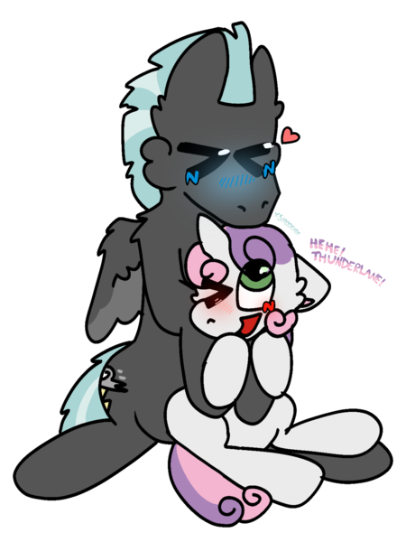 Size: 1620x2160 | Tagged: safe, artist:blossomeclipse, derpibooru import, sweetie belle, thunderlane, pegasus, pony, unicorn, age difference, blue blush, blushing, duo, duo male and female, female, filly, foal, horn, hug, image, male, png, shipping, stallion, straight, sweetielane