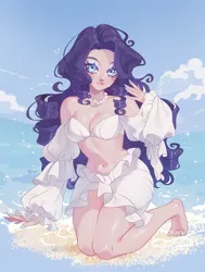 Size: 1671x2205 | Tagged: suggestive, artist:frogggg, derpibooru import, rarity, human, beach, beatisexy, beautiful, breasts, busty rarity, clothes, female, humanized, image, jpeg, kneeling, sexy, solo, stupid sexy rarity, swimsuit