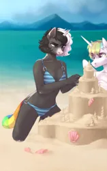 Size: 612x974 | Tagged: suggestive, artist:sparkling_light, derpibooru import, oc, alicorn, anthro, unicorn, beach, clothes, female, horn, image, male, png, sandcastle, swimsuit