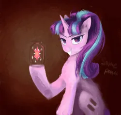 Size: 3000x2849 | Tagged: safe, artist:some_ponu, derpibooru import, starlight glimmer, pony, unicorn, evil grin, female, furrowed brow, grin, horn, image, jar, looking at you, mare, png, s5 starlight, smiling, smiling at you, solo, twilight sparkle's cutie mark