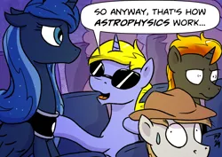 Size: 2192x1550 | Tagged: safe, artist:pony-berserker, derpibooru import, princess luna, oc, oc:final drive, oc:longhaul, oc:shadowed ember, bored, date, image, meme reference, png, sunglasses