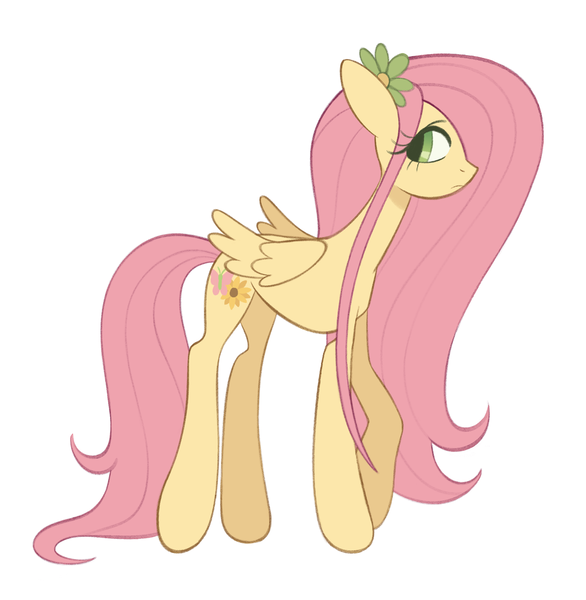 Size: 2000x2048 | Tagged: safe, artist:risswm, derpibooru import, fluttershy, pegasus, pony, alternate cutie mark, concave belly, female, flower, flower in hair, high res, image, long legs, long mane, looking back, mare, png, simple background, solo, thin, white background