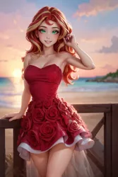 Size: 1024x1536 | Tagged: safe, ai content, derpibooru import, editor:sammykun, machine learning generated, sunset shimmer, human, beach, beautiful, blurry background, breasts, busty sunset shimmer, cleavage, clothes, cloud, coast, dress, female, flower, g4, generator:yodayo, hand on hair, humanized, image, legs, long hair, looking at you, ocean, off shoulder, outdoors, png, pose, prompter:sammykun, railing, reasonably sized breasts, red dress, rose, skinny, skirt, sleeveless, sleeveless dress, slender, smiling, smiling at you, solo, strapless, sunset, thighs, thin, turquoise eyes, water, wood