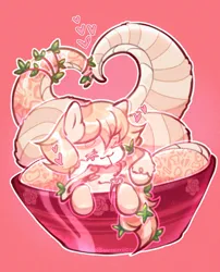 Size: 768x949 | Tagged: safe, artist:iamsmileo, derpibooru import, oc, oc:ichordrop, oc:peach "cassiopeia" blossom, unofficial characters only, lamia, original species, snake, bindings, bowl, cuddling, duo, duo female, eyes closed, female, flower, forked tongue, heart, image, leaves, leaves in hair, png, siblings, signature, simple background, sisters, snakepony, striped tail, tail, tongue out