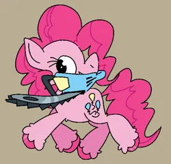 Size: 562x540 | Tagged: safe, artist:the---robbie72, derpibooru import, pinkie pie, earth pony, pony, brown background, chainsaw, female, g4, image, mare, mouth hold, png, simple background, smiling, solo, unshorn fetlocks