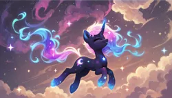 Size: 1920x1088 | Tagged: prompter needed, safe, ai content, derpibooru import, edit, generator:autismmixconfetti, machine learning generated, novelai, stable diffusion, oc, unofficial characters only, pony, unicorn, cloud, ethereal mane, ethereal tail, eyes closed, female, floating, full body, glow, glowing horn, horn, image, mare, nebula, png, side view, smiling, solo, stars, tail, unicorn oc, wallpaper