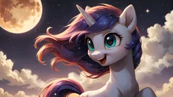 Size: 2560x1440 | Tagged: safe, ai content, derpibooru import, generator:autismmixconfetti, machine learning generated, prompter:truekry, stable diffusion, oc, unofficial characters only, pony, unicorn, cloud, female, floating, g4, horn, image, mare, moon, night, png, sky, smiling, solo, stars, unicorn oc