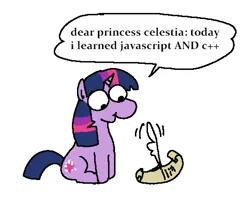 Size: 1617x1290 | Tagged: safe, artist:punkittdev, derpibooru import, twilight sparkle, pony, unicorn, c++, cute, dear princess celestia, dialogue, female, horn, image, javascript, mare, parchment, png, programming, quill, simple background, sitting, solo, speech bubble, twiabetes, unicorn twilight, white background