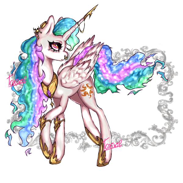 Size: 3000x3000 | Tagged: safe, artist:toxikil, derpibooru import, princess celestia, alicorn, pony, armor, ear piercing, earring, fire, g4, gold, horn, horn ring, image, jewelry, nose piercing, nose ring, piercing, png, raised hoof, ring, shiny, shiny mane, simple background, solo, sun, wingding eyes, wings