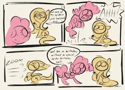 Size: 2048x1473 | Tagged: safe, artist:chocopotts, derpibooru import, fluttershy, pinkie pie, earth pony, pegasus, pony, spider, comic, dialogue, female, floppy ears, frown, g4, hat, image, jumping, lidded eyes, mare, nervous sweat, party hat, png, sketch, surprised