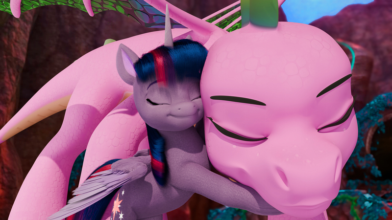 Size: 11520x6480 | Tagged: safe, artist:guillaumetroton, derpibooru import, spike, twilight sparkle, twilight sparkle (alicorn), alicorn, dragon, pony, g5, my little pony: make your mark, 3d, absurd file size, absurd resolution, duo, duo male and female, eyes closed, female, hug, image, jpeg, male, mare, older, older spike, reunion, spike (g5)