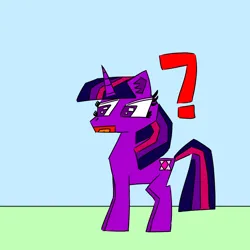 Size: 1500x1500 | Tagged: safe, artist:icycrymelon, derpibooru import, twilight sparkle, pony, unicorn, blue background, confused, g4, horn, image, open mouth, png, question mark, simple background, solo, standing