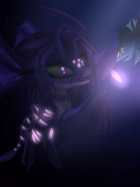Size: 3000x4000 | Tagged: safe, artist:kirov, derpibooru import, oc, oc:nersense, unofficial characters only, angler fish, fish, original species, pony, shark, shark pony, bioluminescent, bubble, crepuscular rays, digital art, dorsal fin, eyelashes, fangs, female, filly, fin, fins, fish tail, floppy ears, flowing mane, flowing tail, foal, glow, hooves, hunt, image, luminescent, ocean, open mouth, png, purple eyes, purple mane, purple tail, scales, sharp teeth, solo, swimming, tail, teeth, underwater, water