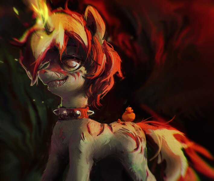 Size: 2125x1798 | Tagged: safe, artist:rvsd, derpibooru import, oc, unofficial characters only, bird, duck, pony, unicorn, abstract background, collar, horn, image, jpeg, magic, riding, riding a pony, scar, sharp teeth, smiling, solo, spiked collar, teeth