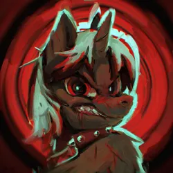 Size: 1920x1920 | Tagged: safe, artist:rvsd, derpibooru import, oc, unofficial characters only, pony, unicorn, abstract background, blood, collar, horn, image, jpeg, male, scar, sharp teeth, solo, spiked collar, stallion, teeth