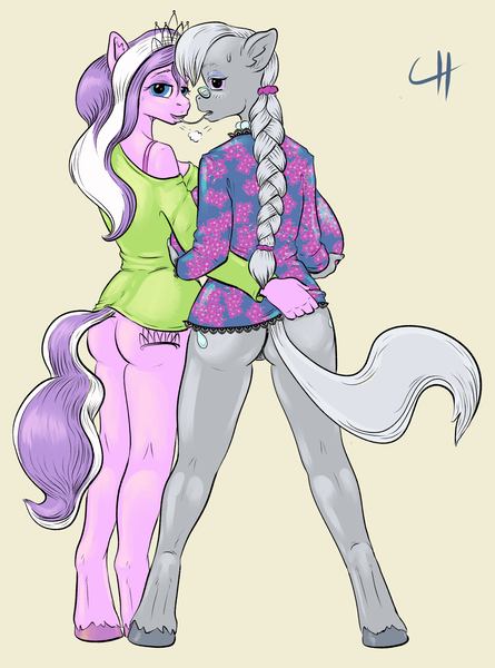 Size: 1201x1619 | Tagged: suggestive, artist:capt_hairball, derpibooru import, diamond tiara, silver spoon, anthro, earth pony, unguligrade anthro, blushing, bottomless, butt, clothes, couple, drool, drool string, female, glasses, image, kissing, lesbian, looking at you, older, older diamond tiara, older silver spoon, partial nudity, png, ship:silvertiara, shipping, tail