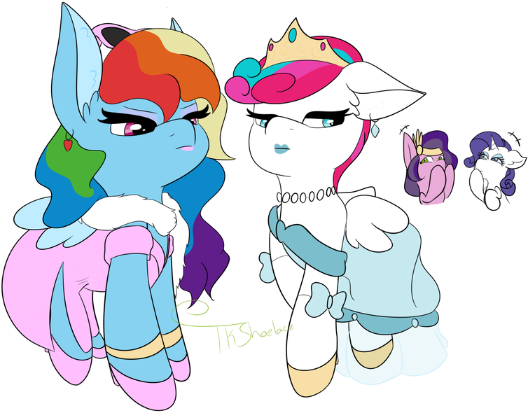 Size: 4386x3490 | Tagged: safe, artist:tkshoelace, derpibooru import, pipp petals, rainbow dash, rarity, zipp storm, pegasus, pony, unicorn, g5, annoyed, clothes, crown, dress, ear fluff, ear piercing, earring, floppy ears, folded wings, g4, high heels, horn, image, jewelry, laughing, lipstick, makeover, makeup, piercing, png, rainbow dash always dresses in style, regalia, shoes, sunglasses, wings