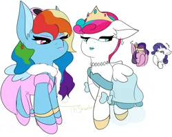 Size: 4386x3490 | Tagged: safe, artist:tkshoelace, derpibooru import, pipp petals, rainbow dash, rarity, zipp storm, pegasus, pony, unicorn, g5, annoyed, clothes, crown, dress, ear fluff, ear piercing, earring, floppy ears, folded wings, g4, high heels, horn, image, jewelry, laughing, lipstick, makeover, makeup, piercing, png, rainbow dash always dresses in style, regalia, shoes, sunglasses, wings