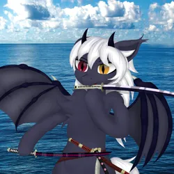 Size: 4000x4000 | Tagged: safe, artist:twinky, derpibooru import, oc, bat pony, semi-anthro, bat wings, belly, belly button, chest fluff, ear fluff, heterochromia, horns, image, katana, mouth hold, ocean, one piece, png, solo, spread wings, sword, water, weapon, wings