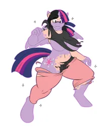 Size: 886x1017 | Tagged: safe, artist:robertge, derpibooru import, twilight sparkle, twilight sparkle (alicorn), alicorn, anthro, human, unguligrade anthro, breasts, disappearing clothes, female, glasses, human to anthro, image, png, simple background, transformation, white background