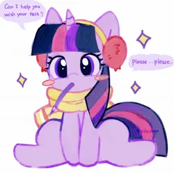 Size: 2048x2048 | Tagged: safe, artist:azhiichigo, derpibooru import, twilight sparkle, pony, unicorn, blushing, clothes, earmuffs, female, horn, image, jpeg, looking at you, mare, mouth hold, scarf, simple background, sitting, solo, sparkles, speech bubble, spread legs, spreading, white background