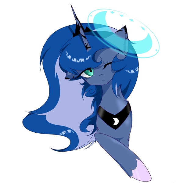 Size: 2048x2048 | Tagged: safe, artist:zhongye47342, derpibooru import, princess luna, alicorn, pony, bust, female, image, jpeg, looking at you, magic, mare, one eye closed, portrait, simple background, solo, white background