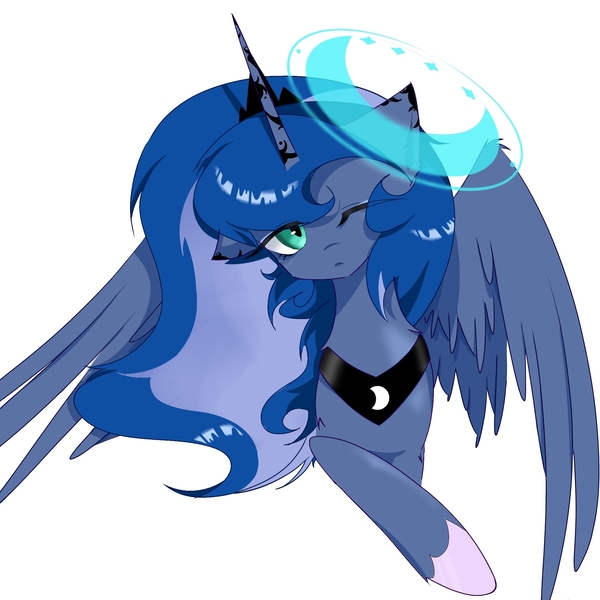 Size: 2048x2048 | Tagged: safe, alternate version, artist:zhongye47342, derpibooru import, princess luna, alicorn, pony, bust, female, image, jpeg, looking at you, magic, mare, one eye closed, portrait, simple background, solo, spread wings, white background, wings
