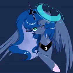 Size: 2048x2048 | Tagged: safe, alternate version, artist:zhongye47342, derpibooru import, princess luna, alicorn, pony, blue background, bust, dark blue background, female, image, jpeg, looking at you, magic, mare, one eye closed, portrait, simple background, solo, spread wings, wings