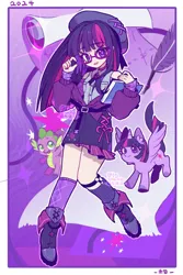 Size: 1200x1800 | Tagged: safe, artist:tamari, derpibooru import, spike, twilight sparkle, twilight sparkle (alicorn), alicorn, dragon, human, pony, abstract background, belt, boots, clothes, female, glasses, hat, humanized, image, jacket, jpeg, mare, parchment, quill, self paradox, self ponidox, shoes, skirt, smiling, socks, sparkle, text