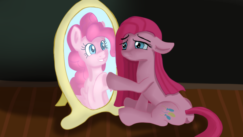 Size: 1920x1080 | Tagged: safe, artist:jbond, derpibooru import, pinkie pie, earth pony, pony, dark room, female, hoofbump, image, mare, mirror, pinkamena diane pie, png, reflection, sad, sitting, solo