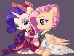 Size: 2160x1620 | Tagged: safe, artist:qiuhu17819, derpibooru import, fluttershy, rarity, pegasus, pony, unicorn, clothes, dress, female, hat, horn, image, jewelry, mare, necklace, one eye closed, png, purple background, raised hoof, simple background, sitting, smiling