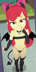 Size: 600x1200 | Tagged: suggestive, ai content, banned from derpibooru, machine learning generated, apple bloom, succubus, equestria girls, bat wings, belly button, boots, bow, breasts, child, choker, clothes, delicious flat chest, erect nipples, fangs, female, fingerless gloves, gloves, hair bow, horns, image, lidded eyes, lolicon, long gloves, looking at you, nipple outline, panties, png, shoes, smiling, standing, tail, thong, underage, underwear, wings