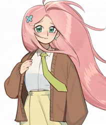 Size: 781x923 | Tagged: safe, artist:erinartista, derpibooru import, fluttershy, human, alternate hairstyle, clothes, coat, cute, ear piercing, earring, female, humanized, image, jewelry, jpeg, necktie, piercing, shirt, shyabetes, simple background, skirt, solo, white background