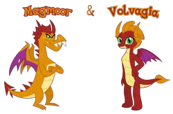 Size: 3381x2212 | Tagged: source needed, safe, anonymous artist, derpibooru import, oc, oc:magmoor, oc:volvagia, unofficial characters only, dragon, brother, brother and sister, closed mouth, crossed arms, description is relevant, dragoness, duo, eyebrows, eyelashes, eyes open, family, female, freckles, g4, hand on hip, happy, high res, horn, image, implied incest, incest, looking, looking at you, looking back, looking back at you, male, name, nostrils, offspring, parent:garble, parent:smolder, parents:smolble, png, product of incest, show accurate, siblings, simple background, sister, smiling, smiling at you, spread wings, standing, story included, symbol, teeth, text, transparent background, twins, vector, wall of tags, wings