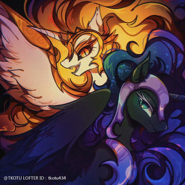 Size: 750x750 | Tagged: safe, artist:tkotu434, derpibooru import, daybreaker, nightmare moon, alicorn, pony, antagonist, armor, black background, blue eyes, blue mane, colored pupils, crown, digital art, duo, duo female, ethereal mane, eyelashes, eyeshadow, fangs, feather, female, flowing mane, g4, gem, helmet, horn, image, jewelry, jpeg, lidded eyes, looking at you, makeup, mane of fire, mare, open mouth, open smile, peytral, regalia, siblings, signature, simple background, sisters, smiling, smiling at you, sparkles, spread wings, starry mane, stars, teeth, villainess, wing armor, wings, yellow eyes