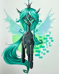 Size: 1630x2048 | Tagged: safe, alternate version, artist:dollbunnie, derpibooru import, queen chrysalis, changeling, changeling queen, pony, abstract background, female, g4, image, jpeg, mare, slit pupils, solo, traditional art
