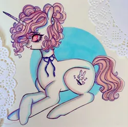 Size: 2048x2042 | Tagged: safe, artist:dollbunnie, derpibooru import, oc, oc:dollie, unofficial characters only, pony, unicorn, abstract background, female, horn, image, jpeg, lying down, mare, prone, traditional art