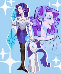 Size: 1280x1550 | Tagged: safe, artist:sleepparaclownsis, derpibooru import, rarity, human, pony, unicorn, bag, blushing, clothes, ear piercing, earring, eyes closed, eyeshadow, female, handbag, high heels, horn, humanized, image, jewelry, jpeg, makeup, mare, nail polish, piercing, shirt, shoes, skirt, socks, solo, stockings, thigh highs