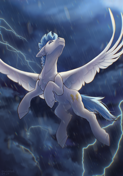 Size: 1668x2388 | Tagged: safe, artist:dorkmark, derpibooru import, oc, unofficial characters only, pegasus, pony, image, lightning, png, rain, solo