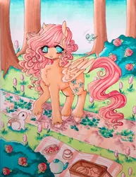 Size: 1582x2048 | Tagged: safe, artist:dollbunnie, derpibooru import, angel bunny, fluttershy, bird, pegasus, pony, rabbit, animal, bread, chest fluff, cookie, female, flower, food, forest, g4, image, jpeg, male, mare, nature, picnic, picnic blanket, rose, traditional art, tree, unshorn fetlocks