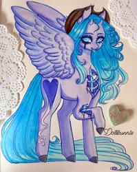 Size: 1628x2048 | Tagged: safe, artist:dollbunnie, derpibooru import, oc, unofficial characters only, pegasus, pony, black tears, bone, commission, cowboy hat, female, freckles, hat, horns, image, jpeg, mare, solo, spread wings, tongue out, torn ear, traditional art, wings