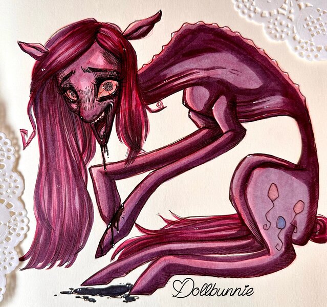 Size: 2048x1922 | Tagged: semi-grimdark, artist:dollbunnie, derpibooru import, pinkie pie, earth pony, pony, blood, bloodshot eyes, drool, female, g4, image, infected, jpeg, mare, mlp infection, pinkamena diane pie, solo, thin, traditional art