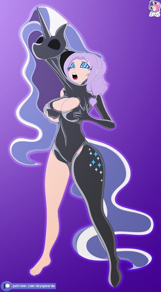 Size: 1103x2000 | Tagged: suggestive, artist:skyspeardraw, ponerpics import, ponybooru import, nightmare rarity, anthro, human, breasts, feet, image, jpeg, latex, transformation