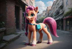 Size: 1216x832 | Tagged: safe, ai content, derpibooru import, machine learning generated, prompter:kluknawa235, stable diffusion, sunny starscout, bat pony, earth pony, g5, braid, chest fluff, cloud, cloudy, ear fluff, flower, generator:pony diffusion v6 xl, image, jpeg, smiling, standing, sun